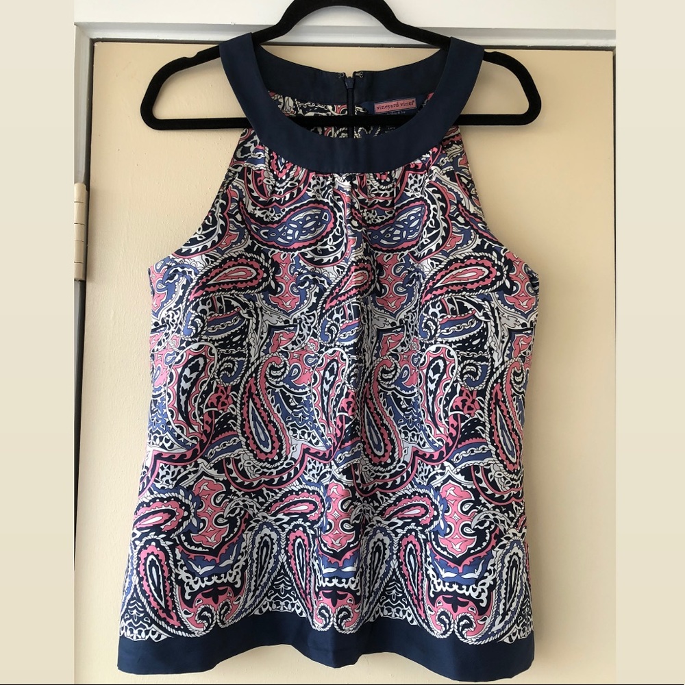 Vineyard Vines 100% Silk Navy and Pink Paisley Top